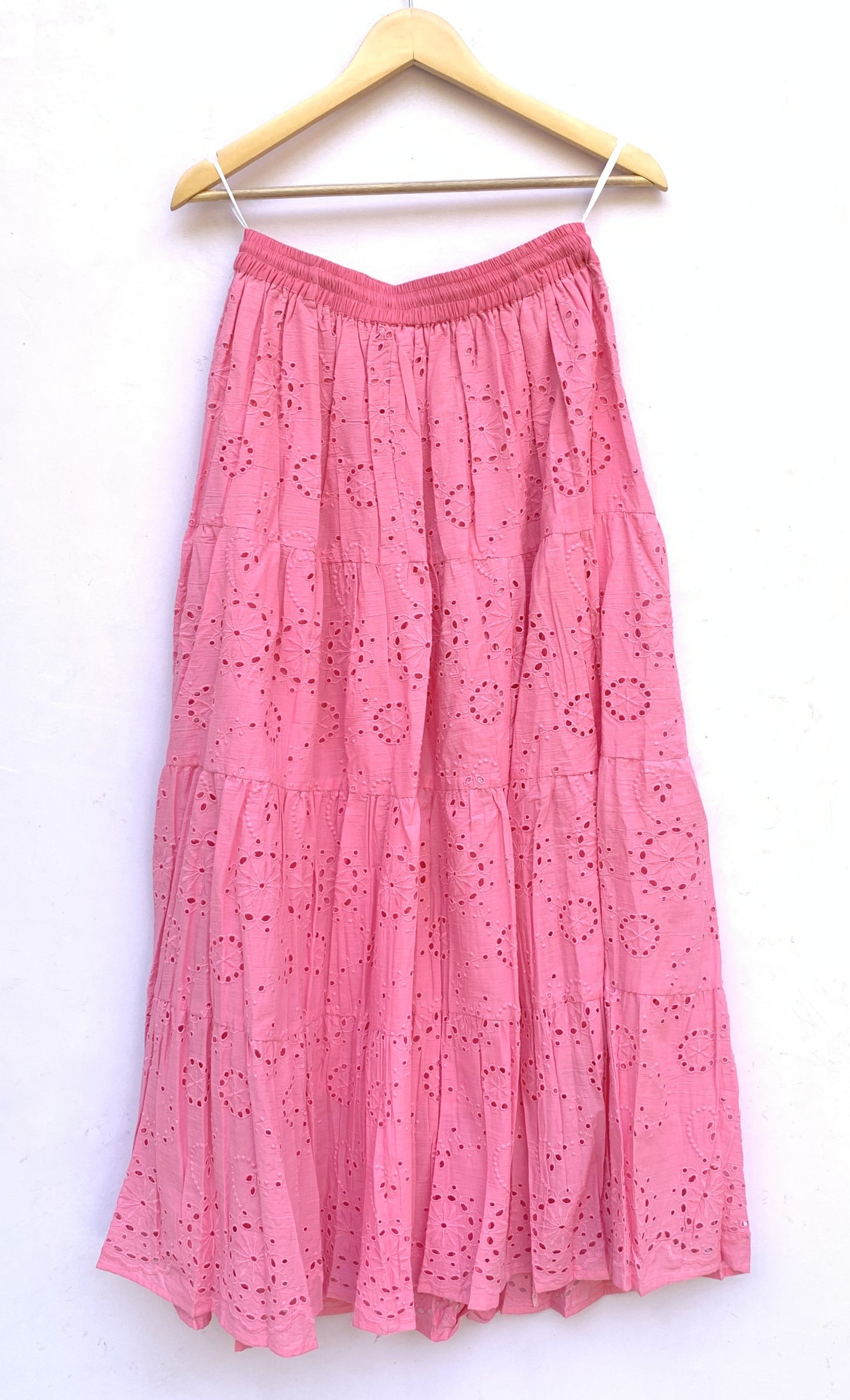 Pink Eyelet Cotton Maxi Skirt – Tiered Boho Elastic Waist Summer Skirt