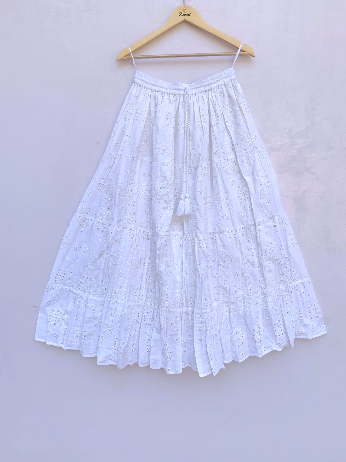White Eyelet Cotton Maxi Skirt – Tiered Boho Elastic Waist Summer Skirt
