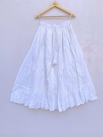 White Eyelet Cotton Maxi Skirt – Tiered Boho Elastic Waist Summer Skirt