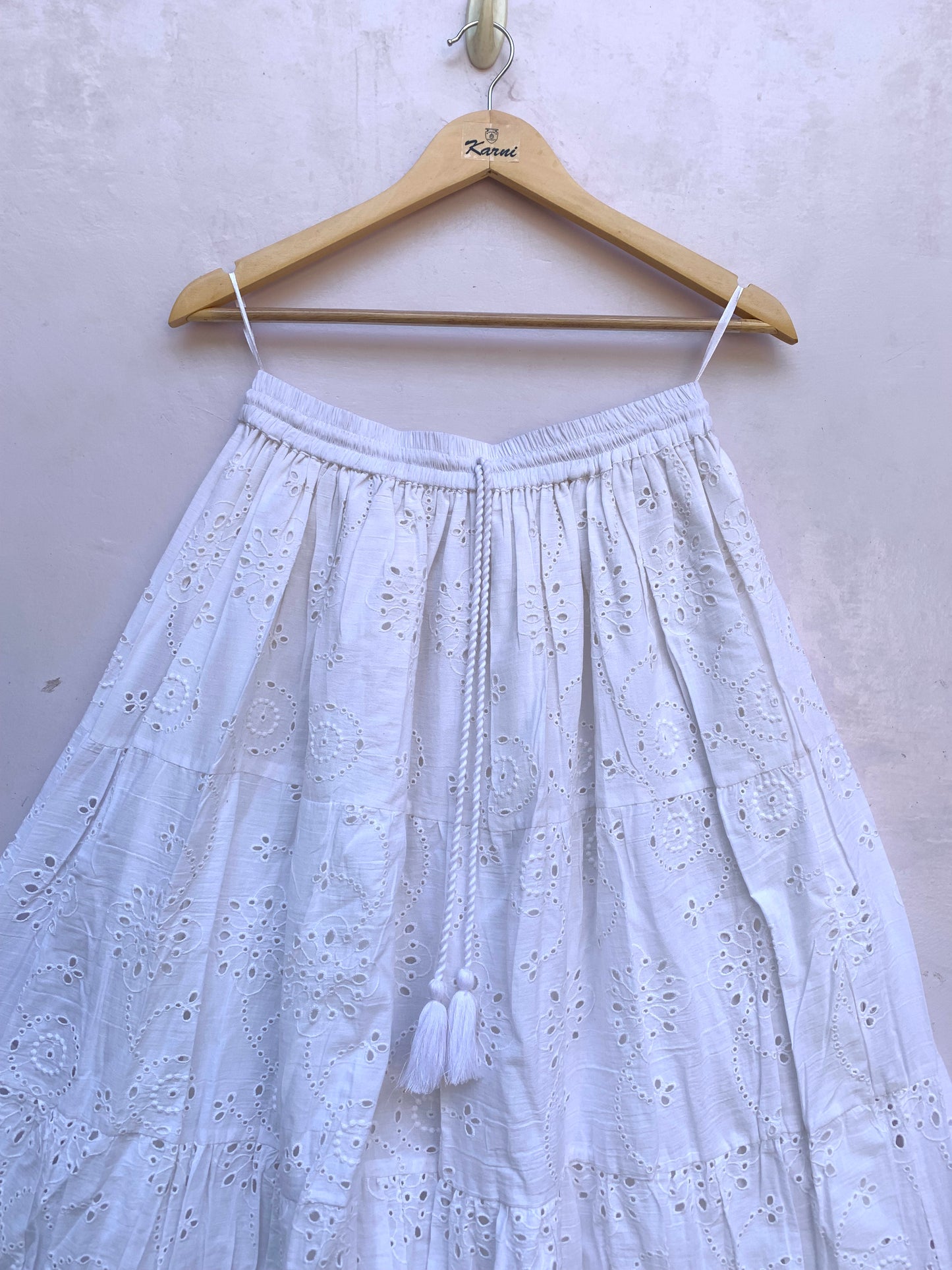 White Eyelet Cotton Maxi Skirt – Tiered Boho Elastic Waist Summer Skirt