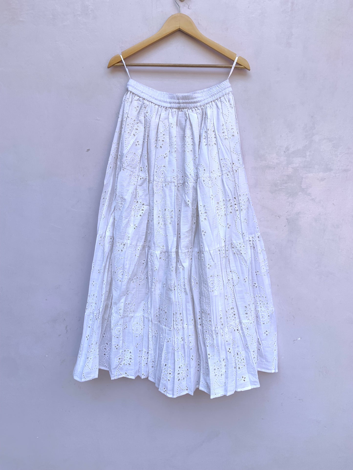 White Eyelet Cotton Maxi Skirt – Tiered Boho Elastic Waist Summer Skirt