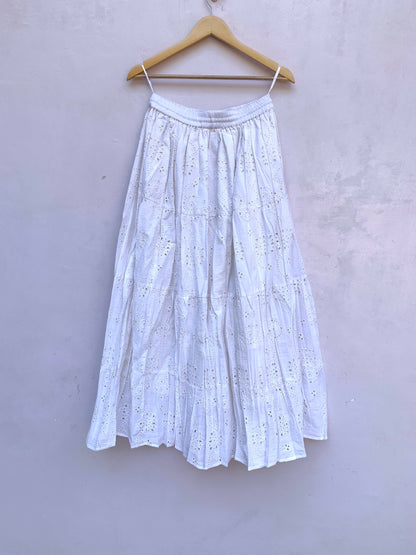 White Eyelet Cotton Maxi Skirt – Tiered Boho Elastic Waist Summer Skirt
