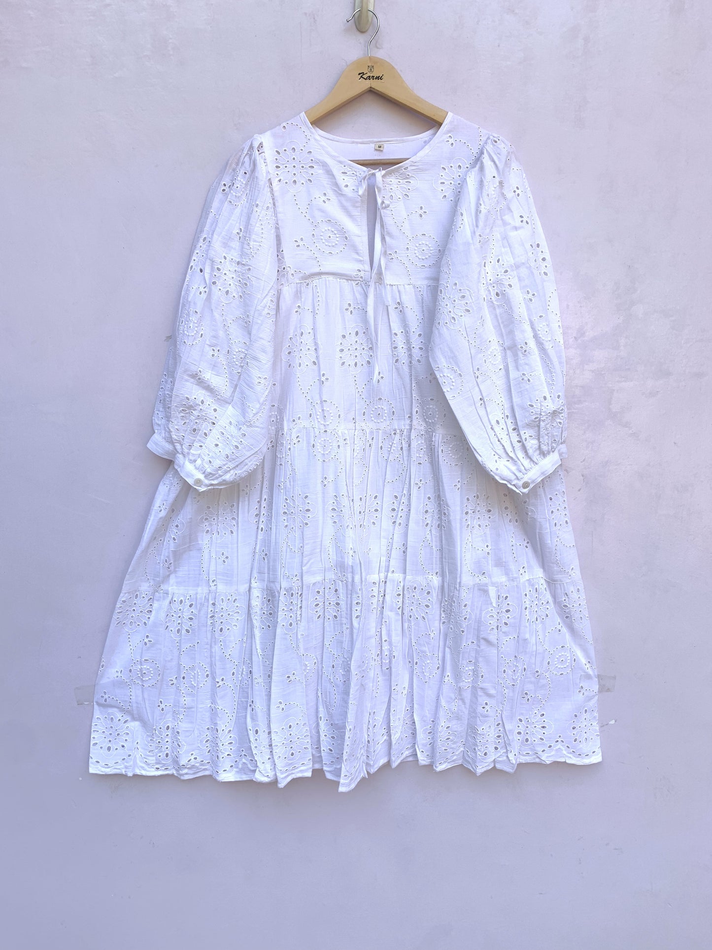 White Cotton Eyelet Mini Dress – Boho Tiered Long Sleeve Summer Dress