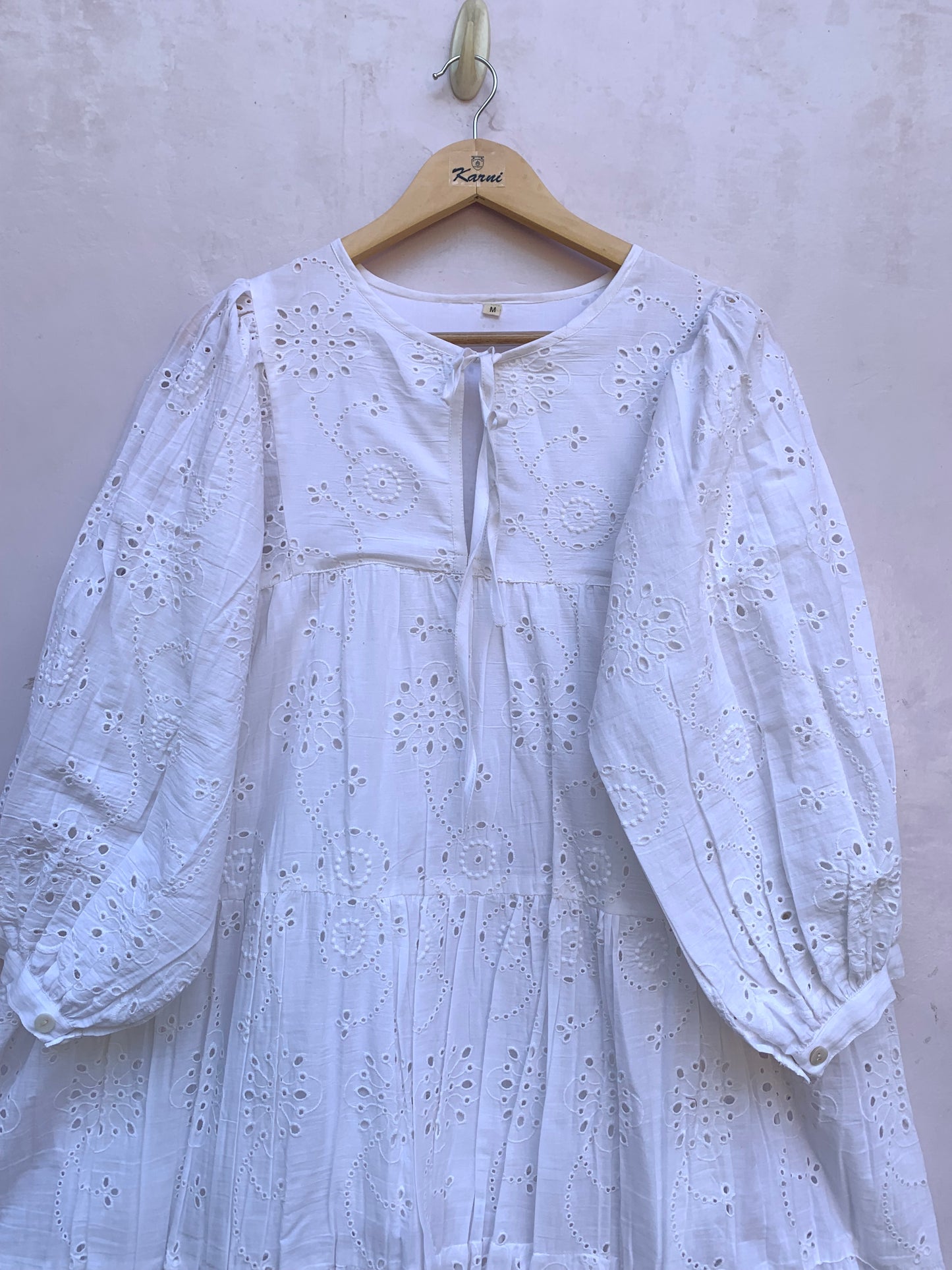 White Cotton Eyelet Mini Dress – Boho Tiered Long Sleeve Summer Dress