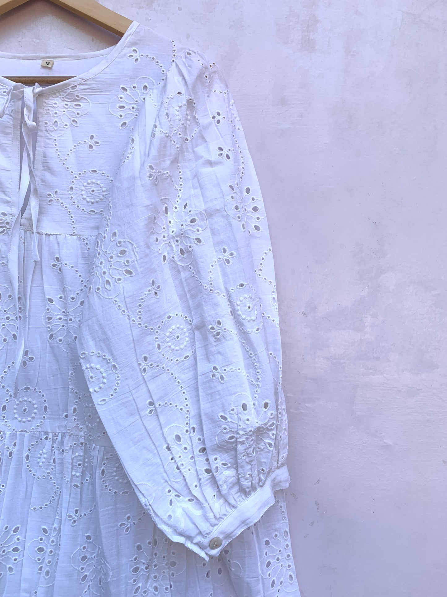 White Cotton Eyelet Mini Dress – Boho Tiered Long Sleeve Summer Dress