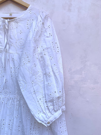 White Cotton Eyelet Mini Dress – Boho Tiered Long Sleeve Summer Dress