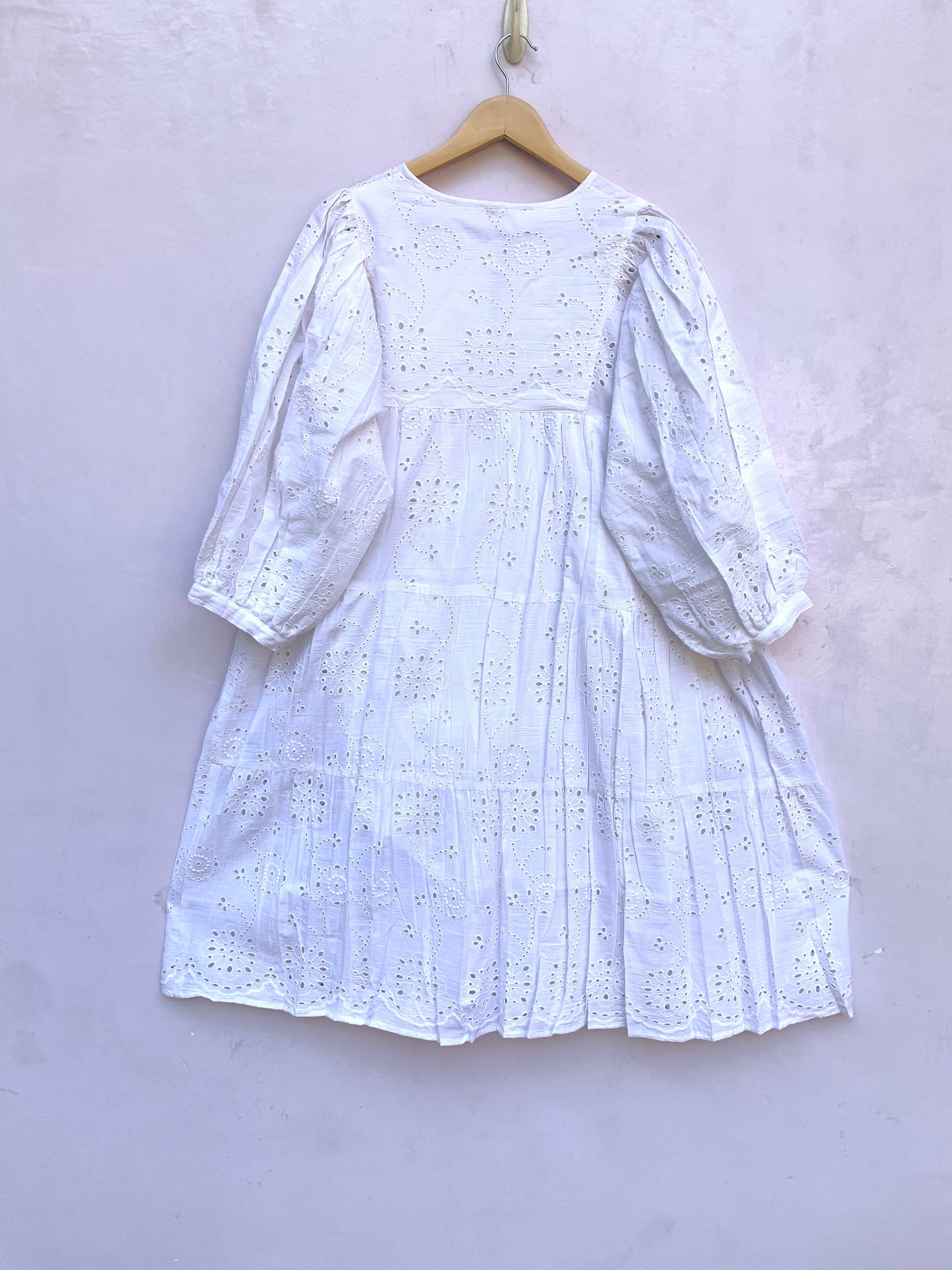 White Cotton Eyelet Mini Dress – Boho Tiered Long Sleeve Summer Dress