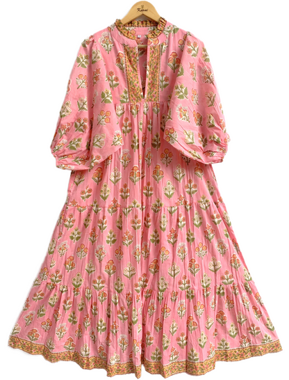 Pink Floral Hand Block Printed Cotton Dress – Tiered Boho Maxi Dress for Women