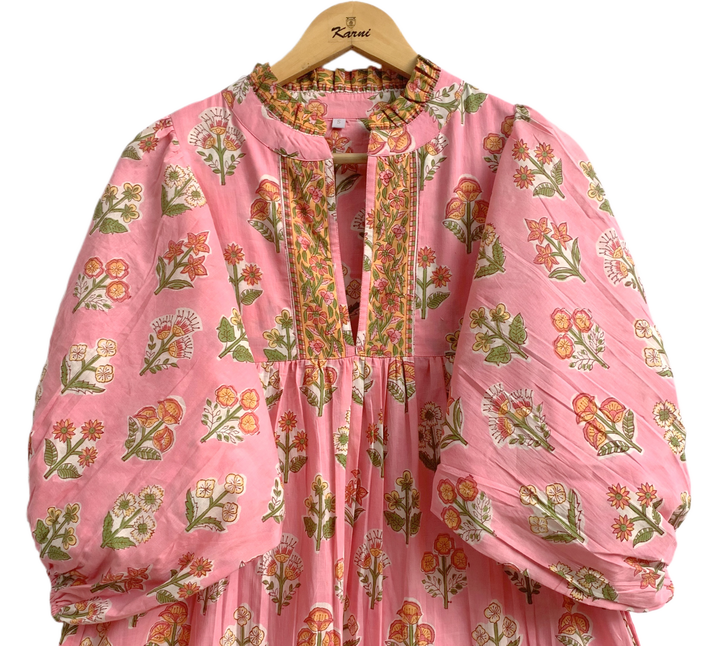 Pink Floral Hand Block Printed Cotton Dress – Tiered Boho Maxi Dress for Women