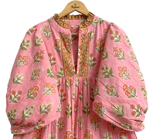 Pink Floral Hand Block Printed Cotton Dress – Tiered Boho Maxi Dress for Women