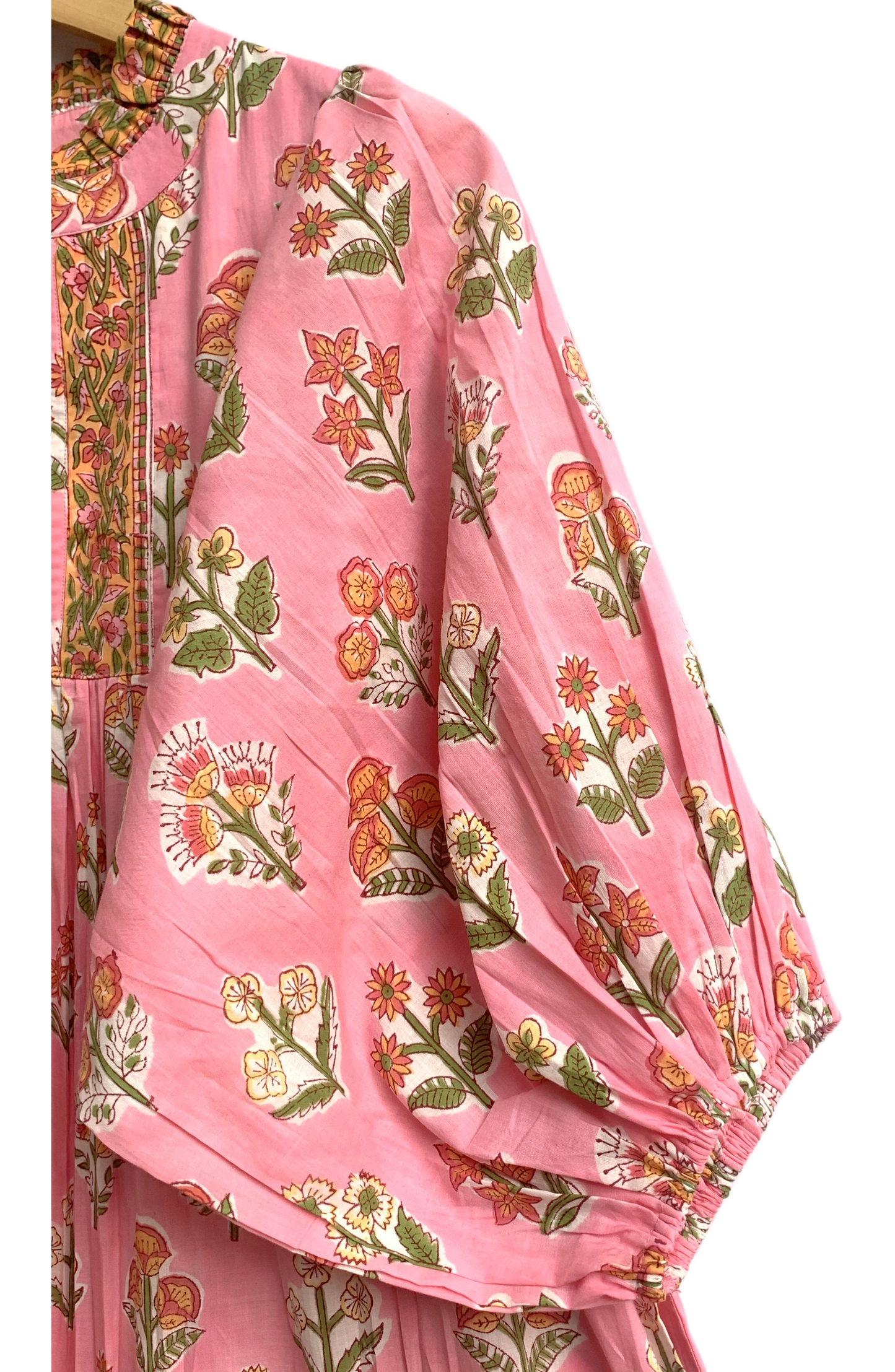 Pink Floral Hand Block Printed Cotton Dress – Tiered Boho Maxi Dress for Women