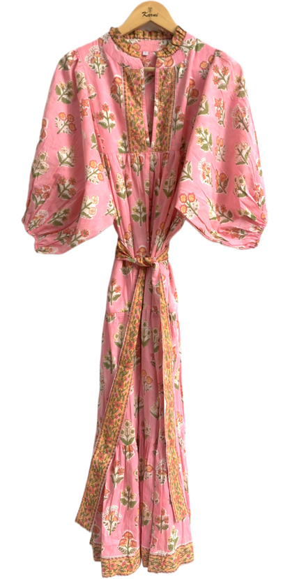 Pink Floral Hand Block Printed Cotton Dress – Tiered Boho Maxi Dress for Women