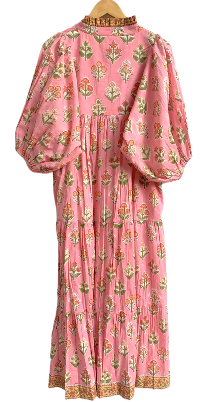 Pink Floral Hand Block Printed Cotton Dress – Tiered Boho Maxi Dress for Women