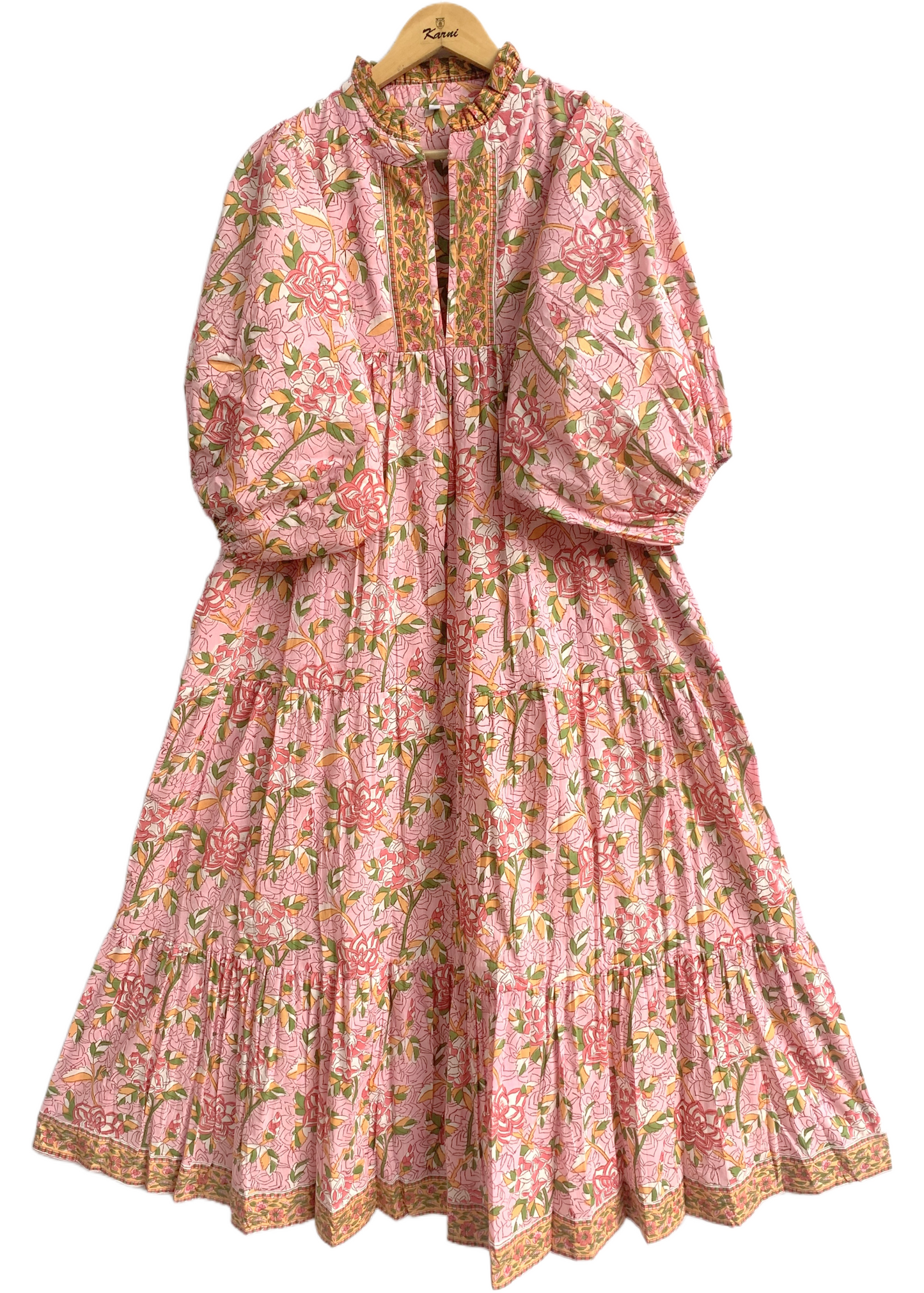Blush Pink Floral Block Print Cotton Dress – Boho Tiered Maxi Dress