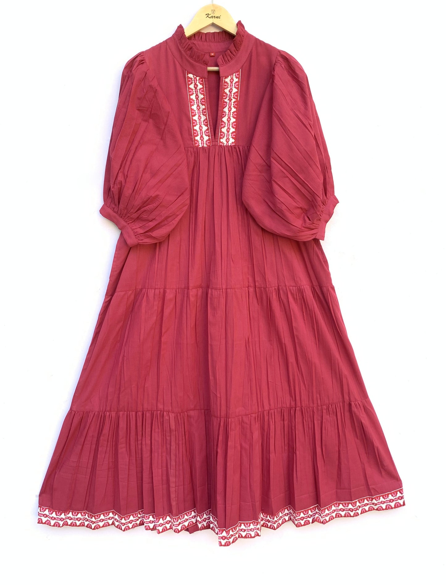 Maroon Cotton Maxi Dress – Puff Sleeve Tiered Boho Long Dress with Block Print Border