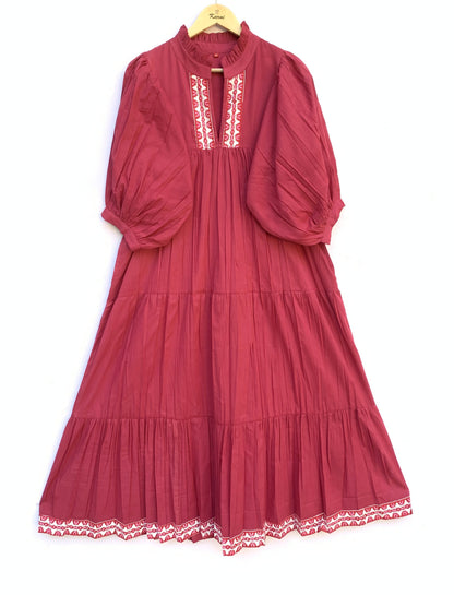Maroon Cotton Maxi Dress – Puff Sleeve Tiered Boho Long Dress with Block Print Border