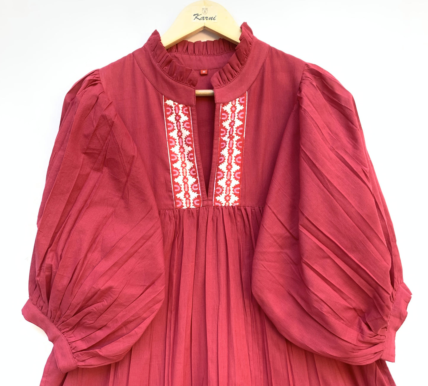 Maroon Cotton Maxi Dress – Puff Sleeve Tiered Boho Long Dress with Block Print Border