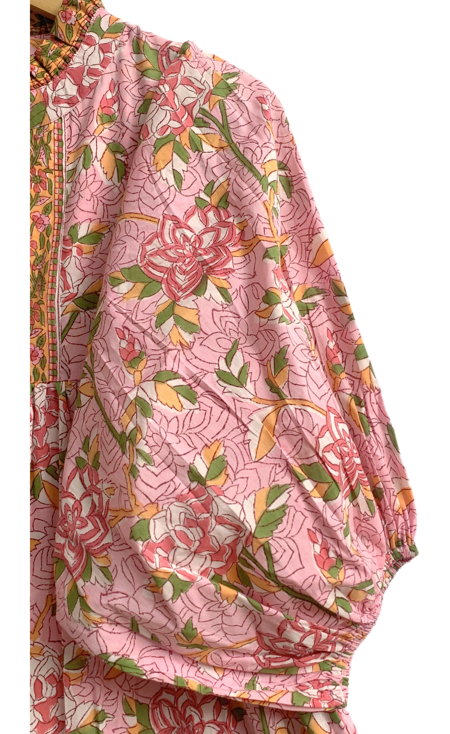 Blush Pink Floral Block Print Cotton Dress – Boho Tiered Maxi Dress