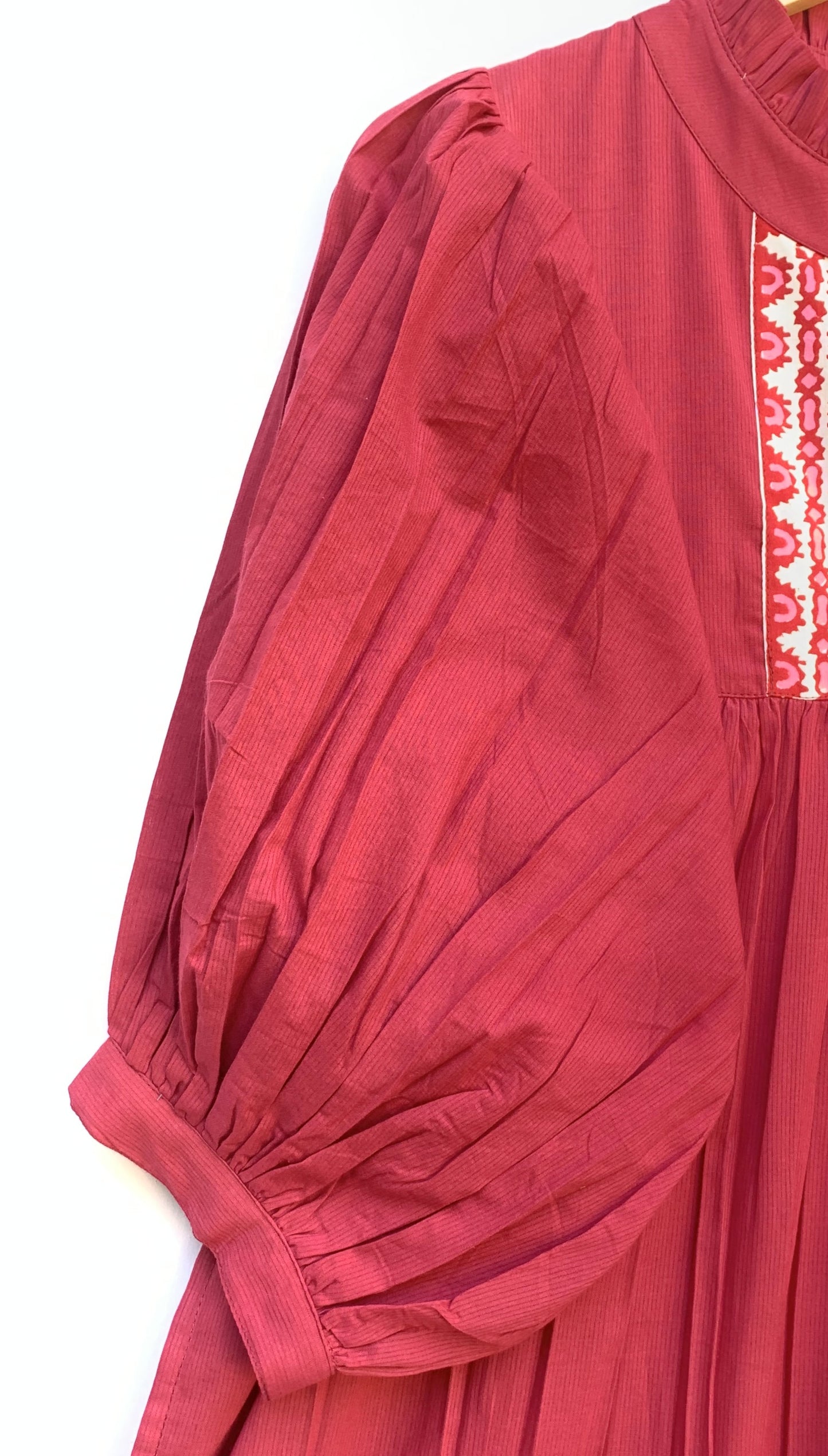 Maroon Cotton Maxi Dress – Puff Sleeve Tiered Boho Long Dress with Block Print Border