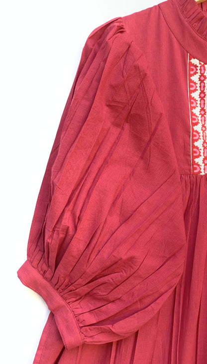 Maroon Cotton Maxi Dress – Puff Sleeve Tiered Boho Long Dress with Block Print Border