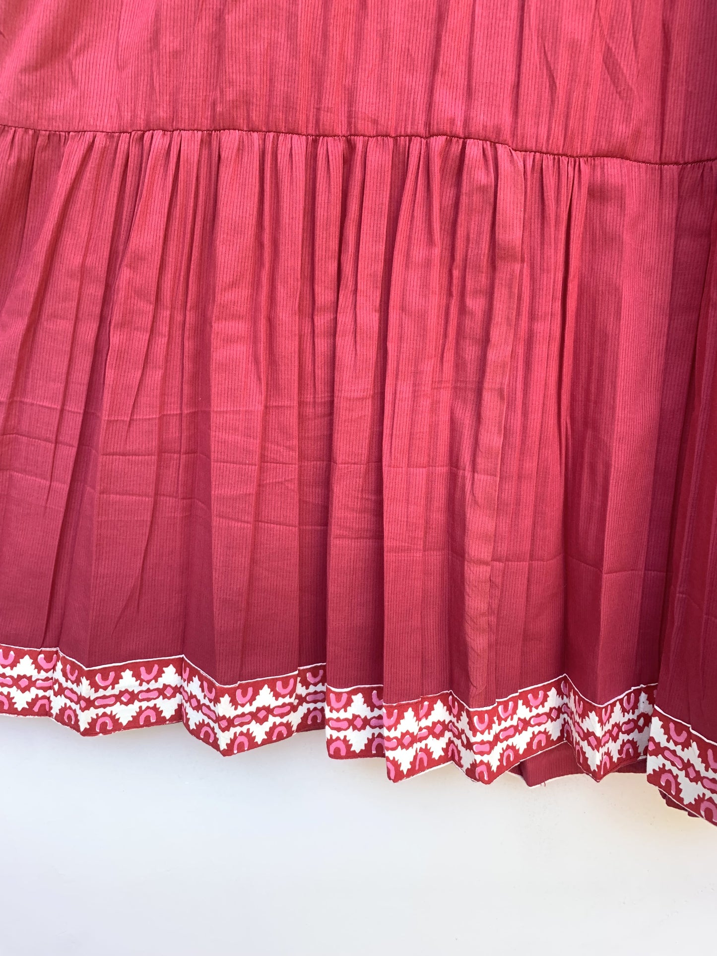 Maroon Cotton Maxi Dress – Puff Sleeve Tiered Boho Long Dress with Block Print Border