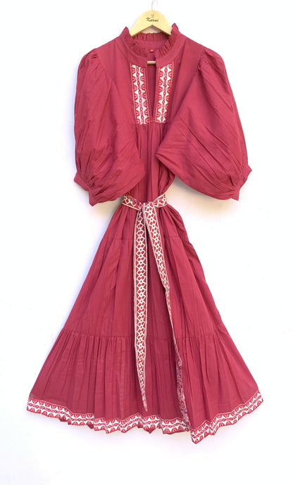 Maroon Cotton Maxi Dress – Puff Sleeve Tiered Boho Long Dress with Block Print Border