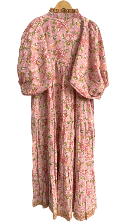 Blush Pink Floral Block Print Cotton Dress – Boho Tiered Maxi Dress