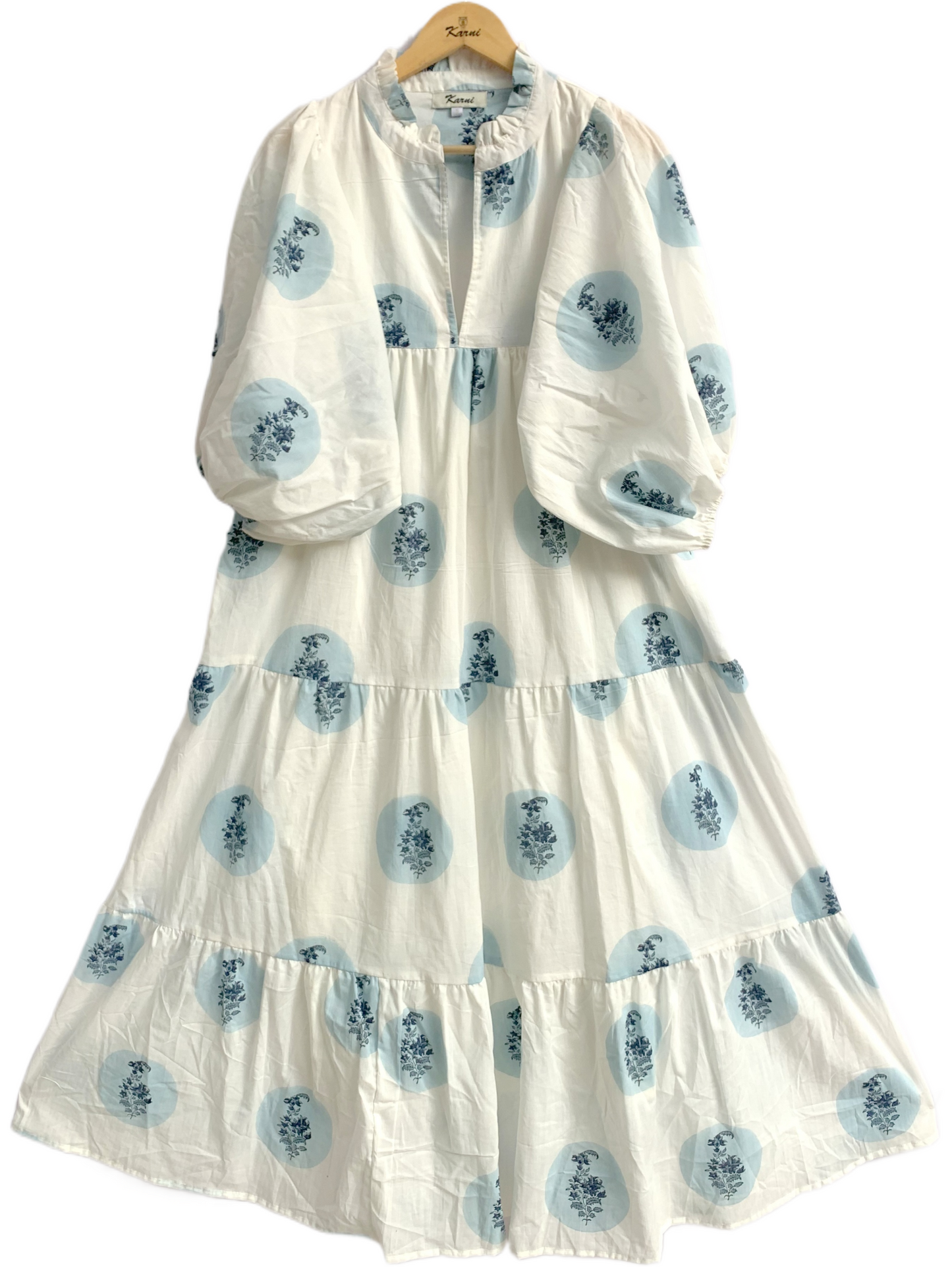 Blue Circle Block Print Cotton Maxi Dress – Relaxed Boho Dress