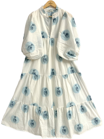 Blue Circle Block Print Cotton Maxi Dress – Relaxed Boho Dress