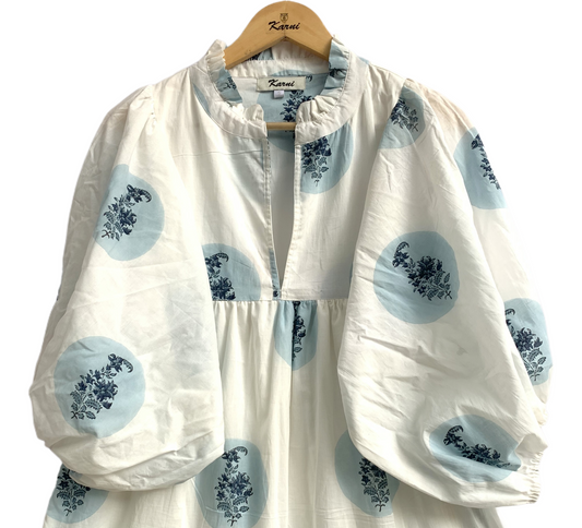 Blue Circle Block Print Cotton Maxi Dress – Relaxed Boho Dress