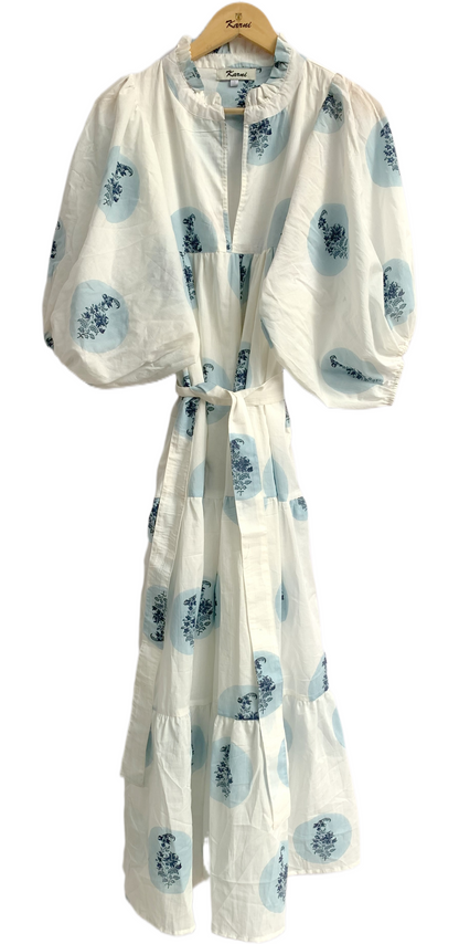 Blue Circle Block Print Cotton Maxi Dress – Relaxed Boho Dress