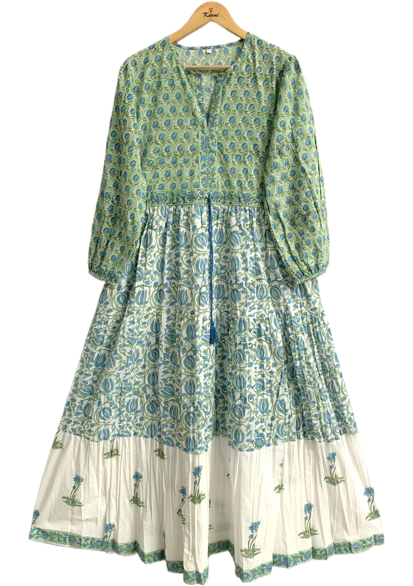 Green Blue Floral Hand Block Printed Cotton Maxi Dress – Boho Indian Long Dress