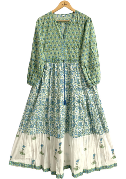 Green Blue Floral Hand Block Printed Cotton Maxi Dress – Boho Indian Long Dress