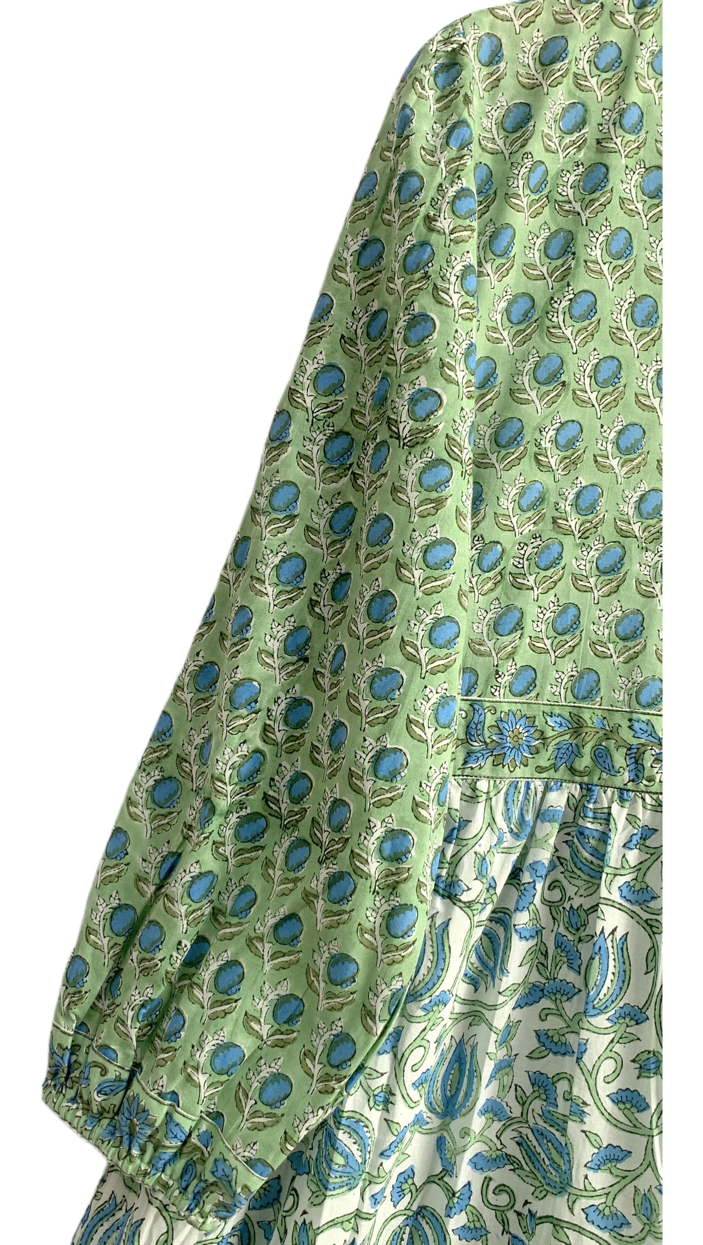 Green Blue Floral Hand Block Printed Cotton Maxi Dress – Boho Indian Long Dress