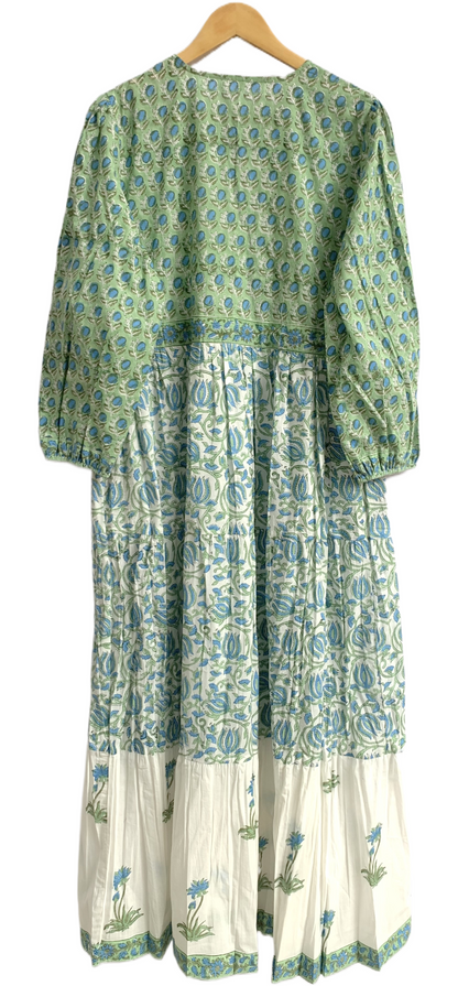 Green Blue Floral Hand Block Printed Cotton Maxi Dress – Boho Indian Long Dress