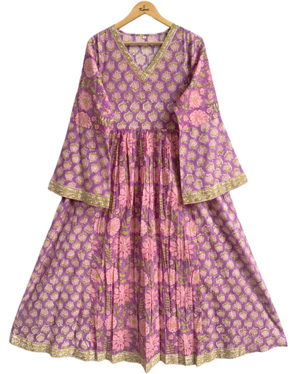 Indian Purple Floral Block Print Cotton Maxi Dress – Boho Long Dress