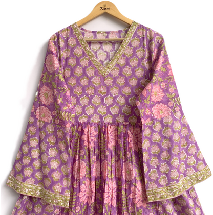 Indian Purple Floral Block Print Cotton Maxi Dress – Boho Long Dress