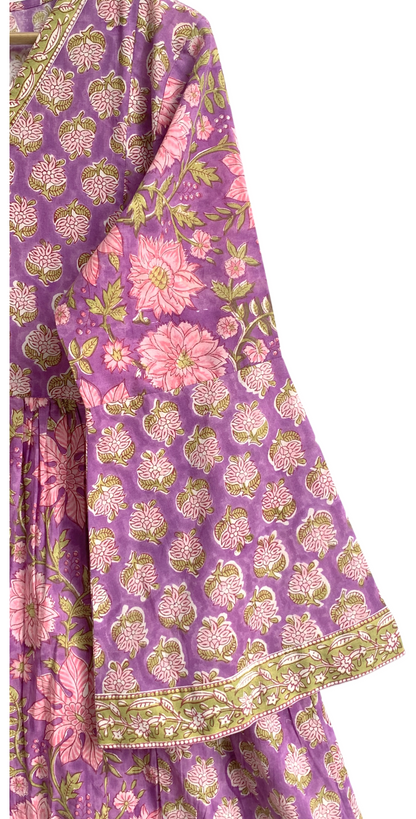 Indian Purple Floral Block Print Cotton Maxi Dress – Boho Long Dress