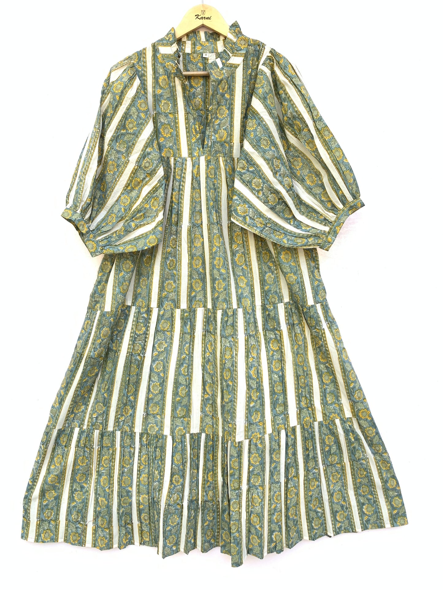 Sage Green Floral Striped Hand Block Printed Cotton Midi Dress by the Yard – Free Shipping