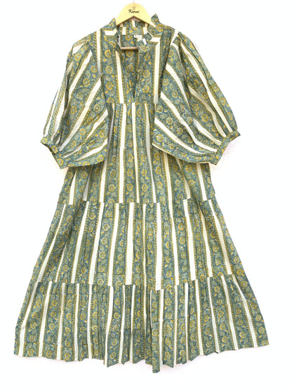 Sage Green Floral Striped Hand Block Printed Cotton Midi Dress by the Yard – Free Shipping