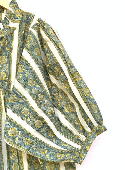 Sage Green Floral Striped Hand Block Printed Cotton Midi Dress by the Yard – Free Shipping