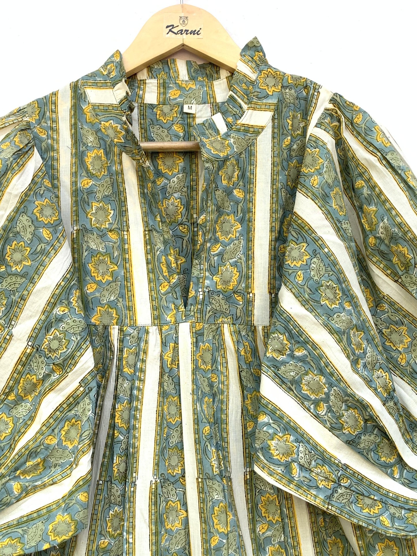 Sage Green Floral Striped Hand Block Printed Cotton Midi Dress by the Yard – Free Shipping