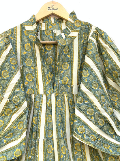 Sage Green Floral Striped Hand Block Printed Cotton Midi Dress by the Yard – Free Shipping