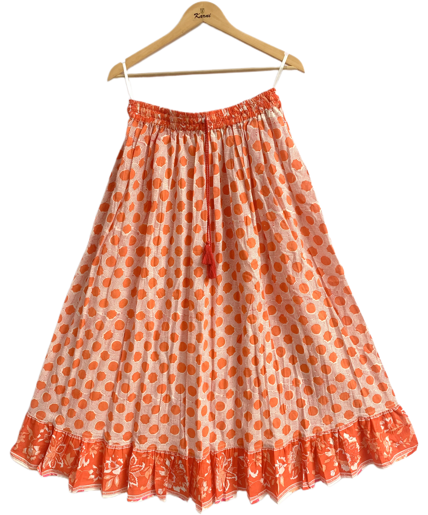indian cotton orange floral hand block printed women's maxi skirts