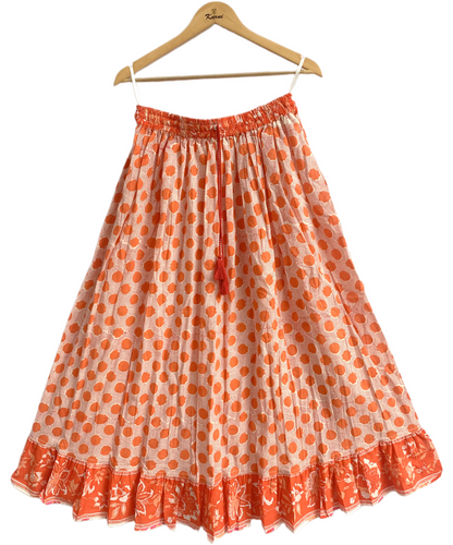 indian cotton orange floral hand block printed women's maxi skirts