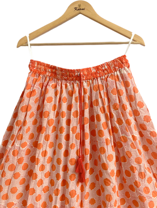 indian cotton orange floral hand block printed women's maxi skirts