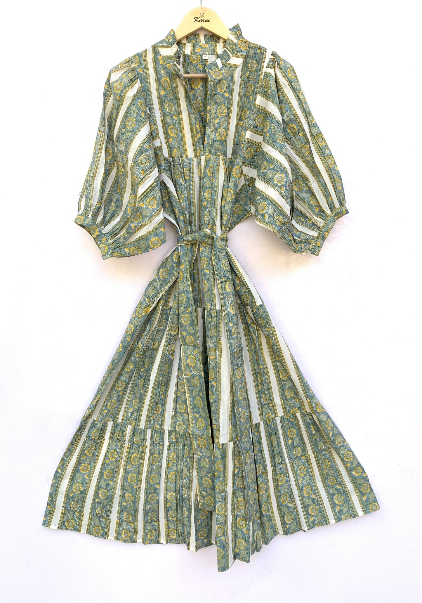 Sage Green Floral Striped Hand Block Printed Cotton Midi Dress by the Yard – Free Shipping