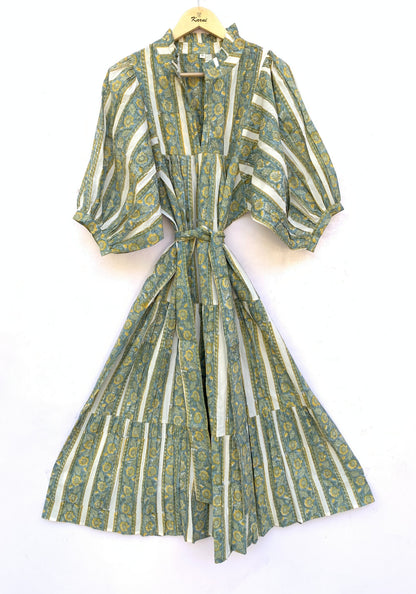 Sage Green Floral Striped Hand Block Printed Cotton Midi Dress by the Yard – Free Shipping