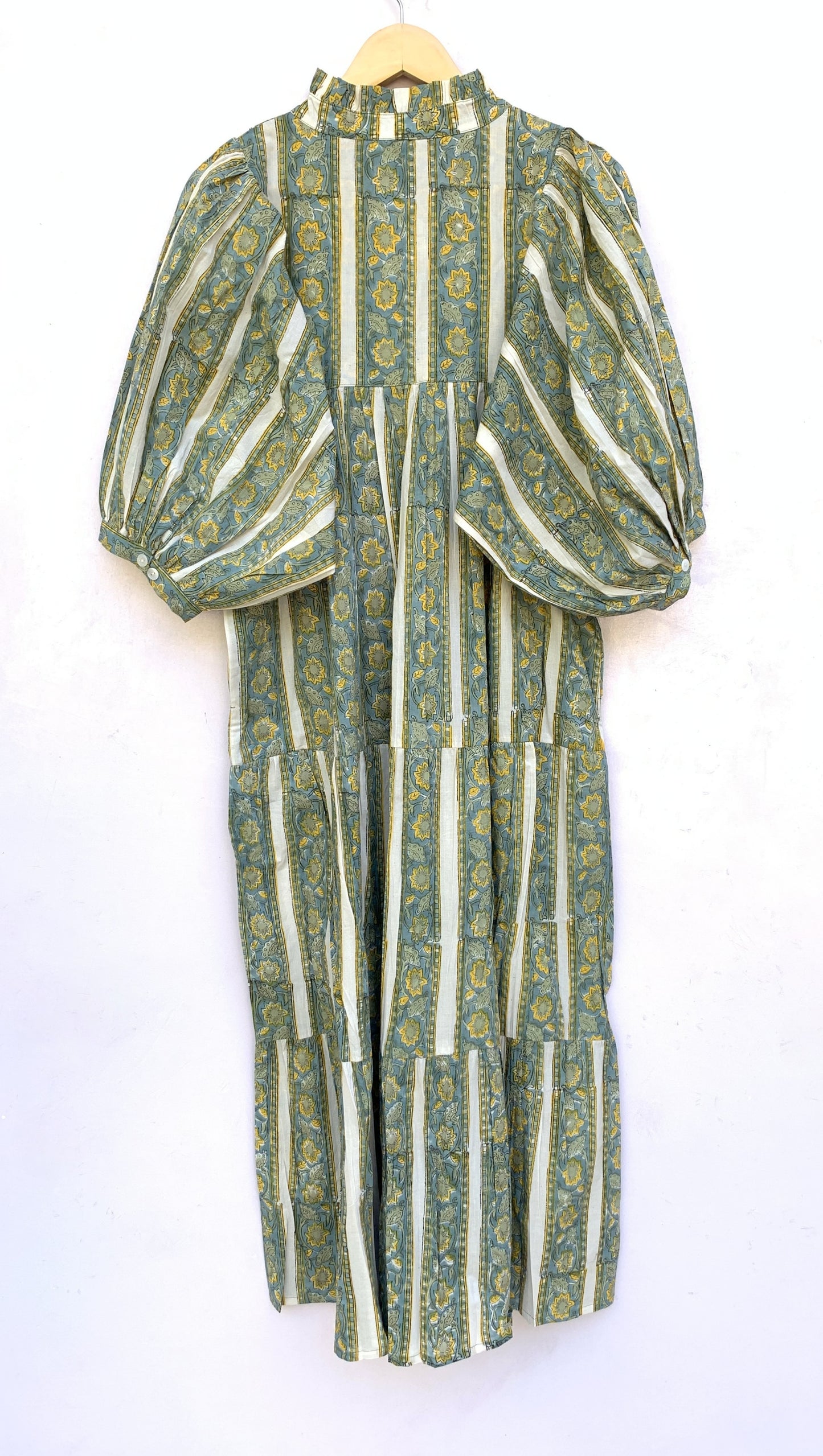 Sage Green Floral Striped Hand Block Printed Cotton Midi Dress by the Yard – Free Shipping