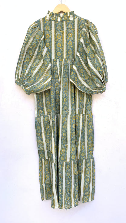 Sage Green Floral Striped Hand Block Printed Cotton Midi Dress by the Yard – Free Shipping